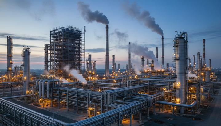 Крупный нефтехимический завод с переплетением труб, ректификационными колоннами и металлическими конструкциями в вечернем свете.