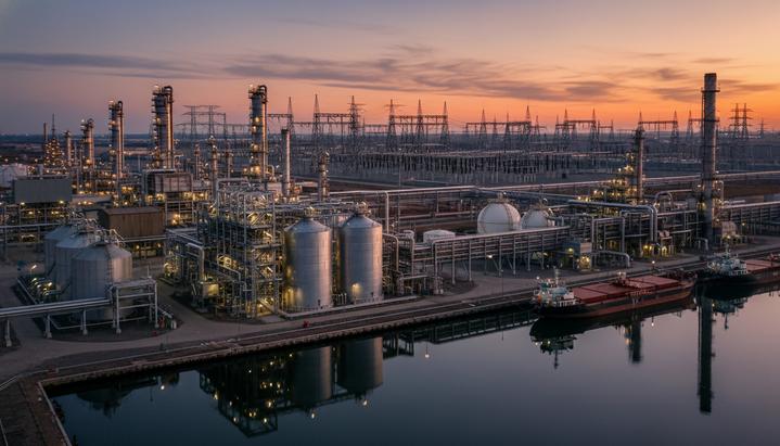 Панорама нефтеперерабатывающего завода в Риеке с новыми промышленными установками и трубопроводами на берегу моря.