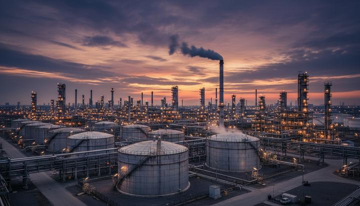 Phillips 66 расширяет операции в Британии за счет активов НПЗ Lindsey Промышленный пейзаж нефтеперерабатывающего завода с резервуарами для хранения и сетью трубопроводов в свете вечерних огней.