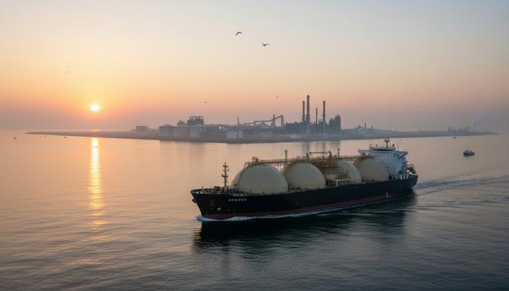 PETRONAS и CNOOC заключили контракт на поставку 1 млн тонн СПГ в год Танкер для перевозки сжиженного природного газа (СПГ) в море на фоне берегового терминала с резервуарами для хранения СПГ на рассвете.