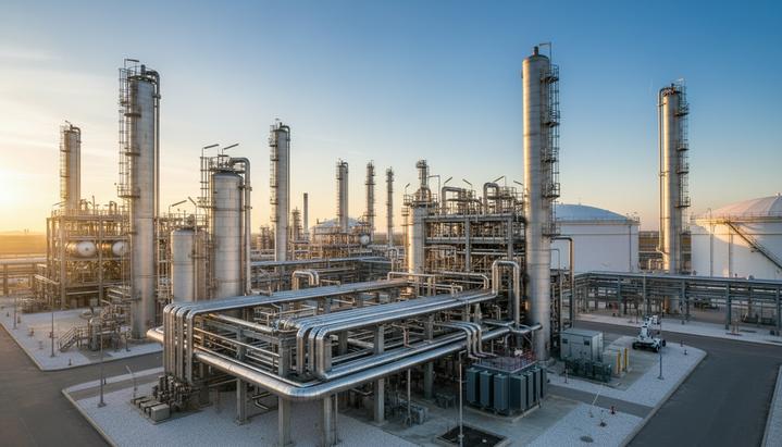 Итальянская MAIRE покупает разработчика химтехнологий Ballestra Group Современный химический завод с комплексом трубопроводов, реакторов и резервуаров на рассвете.