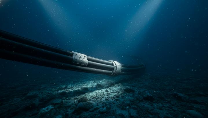 Толстый силовой кабель, проложенный по скалистому морскому дну на большой глубине в темной воде, освещенный прожектором.