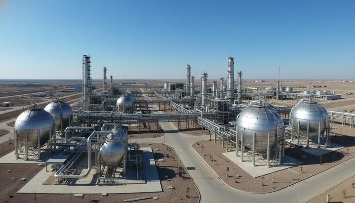 L&T построит для BPCL крупнейший в Индии завод по производству полиэтилена Новый нефтехимический завод с комплексом стальных труб, реакторов и перегонных колонн на фоне ясного неба.