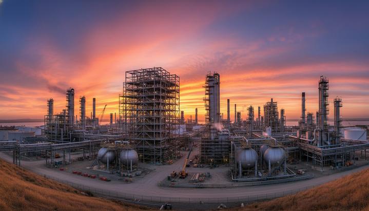 Панорама нефтеперерабатывающего завода на закате. Видна сложная сеть труб и промышленных башен. Часть комплекса находится в строительных лесах.