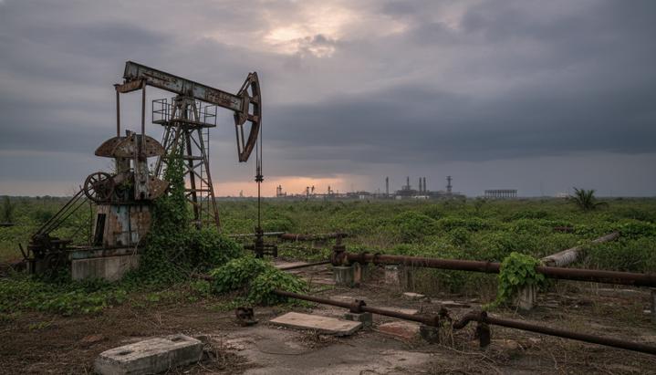 Старая нефтяная вышка и заржавевшие трубопроводы в заросшем поле на фоне нефтеперерабатывающего завода в Венесуэле.