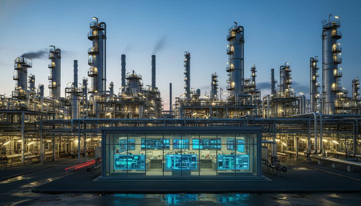 Нефтехимический завод в Рувайсе в сумерках, освещенные трубопроводы и промышленные башни, пустой центр управления со светящимися экранами.