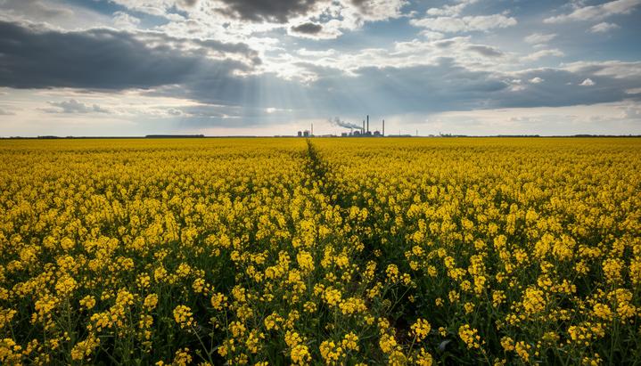 Бескрайнее поле цветущего желтого рапса, на горизонте виден промышленный комплекс по производству биотоплива.