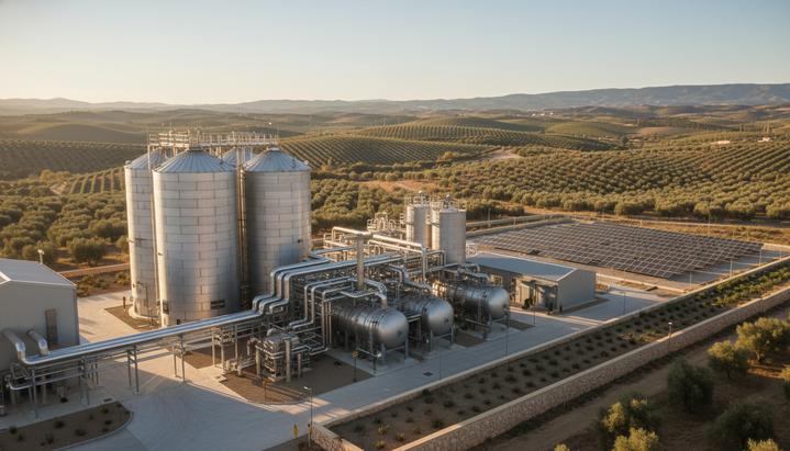 Современный завод по производству биотоплива с силосами и трубами на фоне холмистого пейзажа Испании.