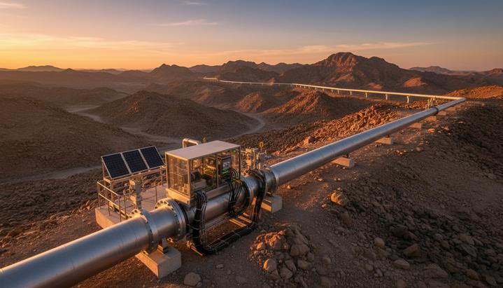 Промышленный трубопровод с датчиками мониторинга, проложенный через засушливый горный ландшафт в Южной Америке.