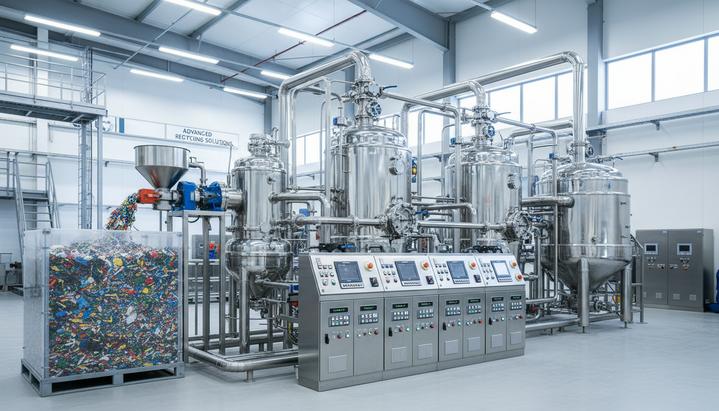 Европейские компании удвоили эффективность переработки отходов в ароматику Промышленная пилотная установка для химической переработки пластика со стальными реакторами, трубами и контейнером с измельченными отходами.