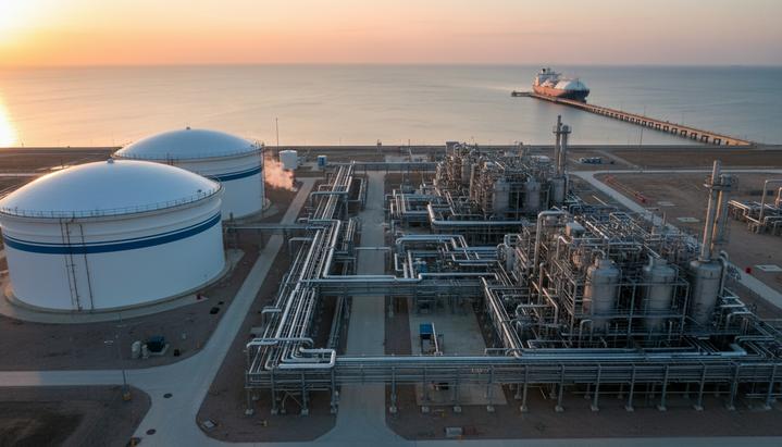 Современный СПГ-терминал на побережье: большие резервуары для хранения газа и промышленные установки у воды.