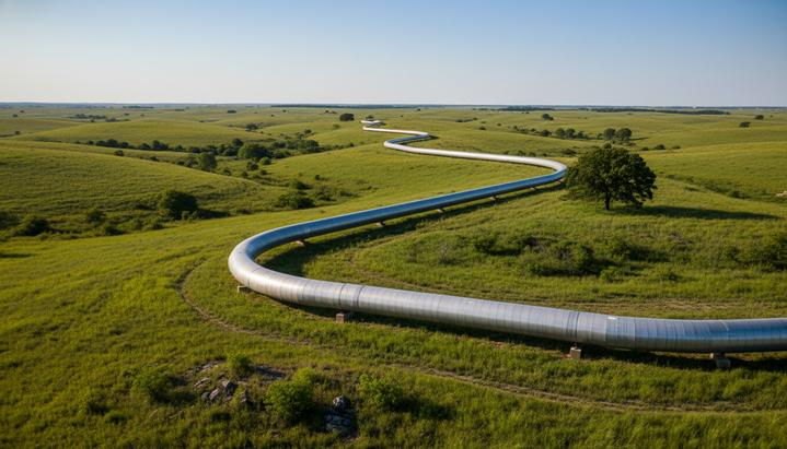 Современный магистральный газопровод, проложенный по зеленым холмам под голубым небом. Трубопроводная инфраструктура США.