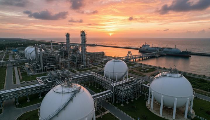 Современный завод по производству зеленого аммиака с резервуарами и трубопроводами на побережье Индии. У причала стоит танкер-газовоз.