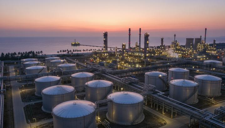 Современный нефтеперерабатывающий завод на берегу моря в сумерках. Огромные освещенные резервуары для нефти и сеть трубопроводов.