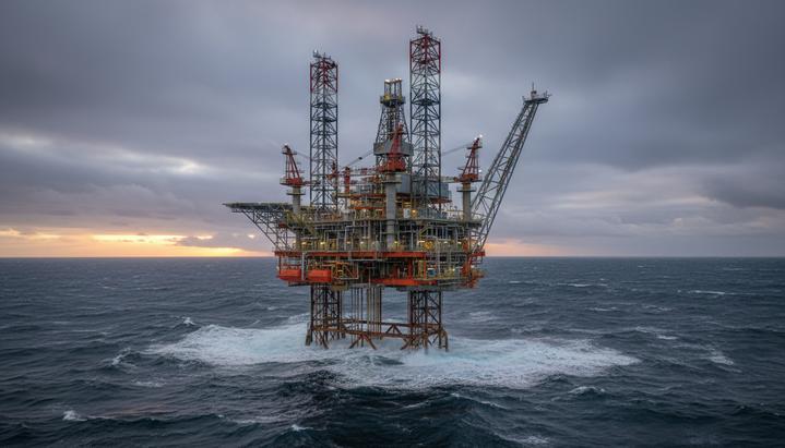 Нефтегазовая платформа в открытом море на фоне пасмурного неба. Промышленный объект на норвежском континентальном шельфе.