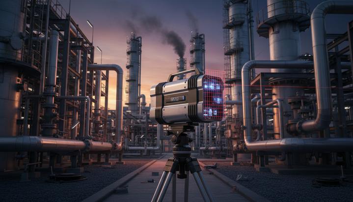 Портативный 3D-лазерный сканер на штативе среди сложной системы трубопроводов нефтеперерабатывающего завода в сумерках.