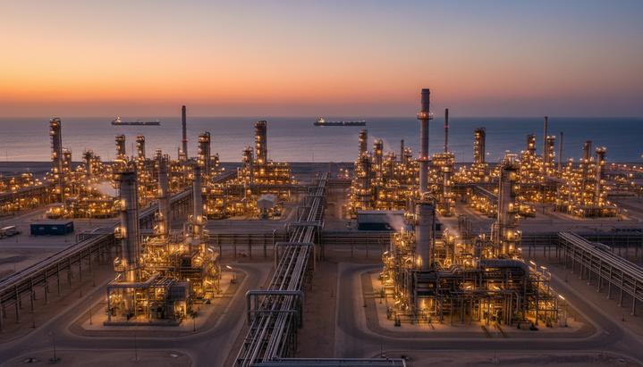 Современный нефтеперерабатывающий завод в Бахрейне на закате, освещенные трубы и установки на фоне Персидского залива с нефтяным танкером.