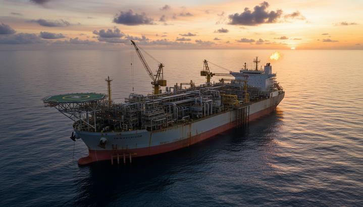 Плавучая нефтегазовая платформа (FPSO) для добычи, хранения и отгрузки нефти в Атлантическом океане у побережья Бразилии.