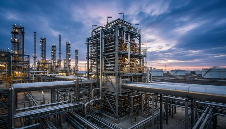 Крупный теплообменник с сетью трубопроводов на территории современного нефтеперерабатывающего завода на закате.