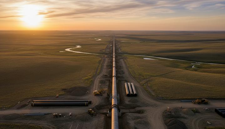 Масштабное строительство нового нефтегазового трубопровода на фоне бескрайнего американского пейзажа на рассвете.