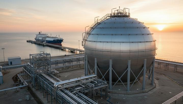 Современный терминал СПГ в европейском промышленном порту на рассвете. Большой сферический резервуар для хранения сжиженного газа.