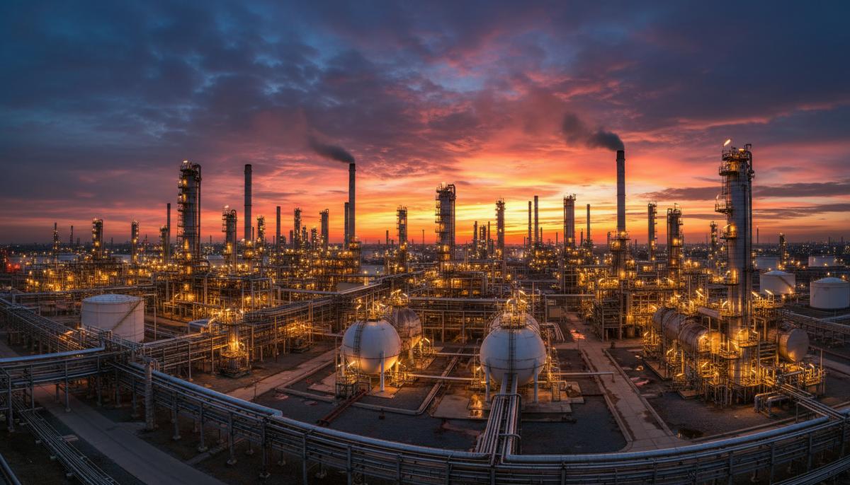 Крупный нефтеперерабатывающий завод в сумерках, переплетение труб, промышленных установок и резервуаров, освещенных огнями.
