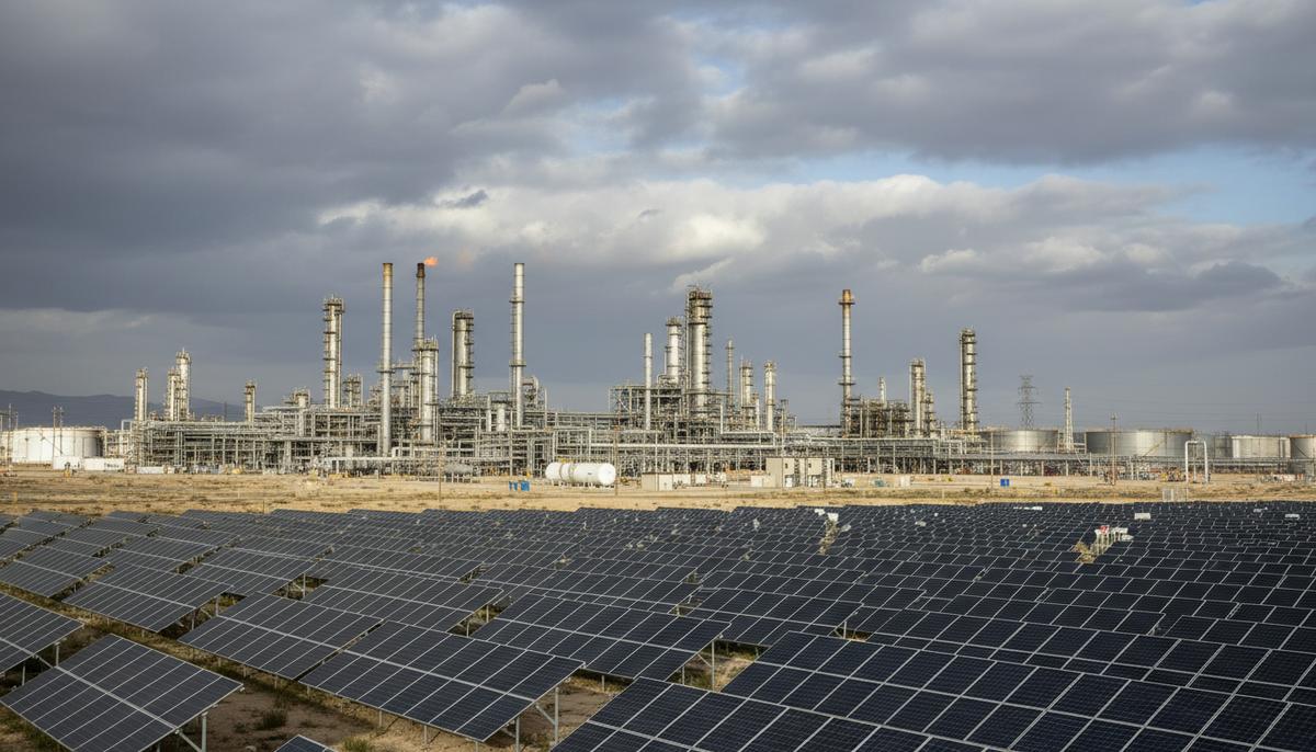 Солнечные панели на фоне крупного нефтеперерабатывающего завода с трубопроводами и резервуарами для хранения.