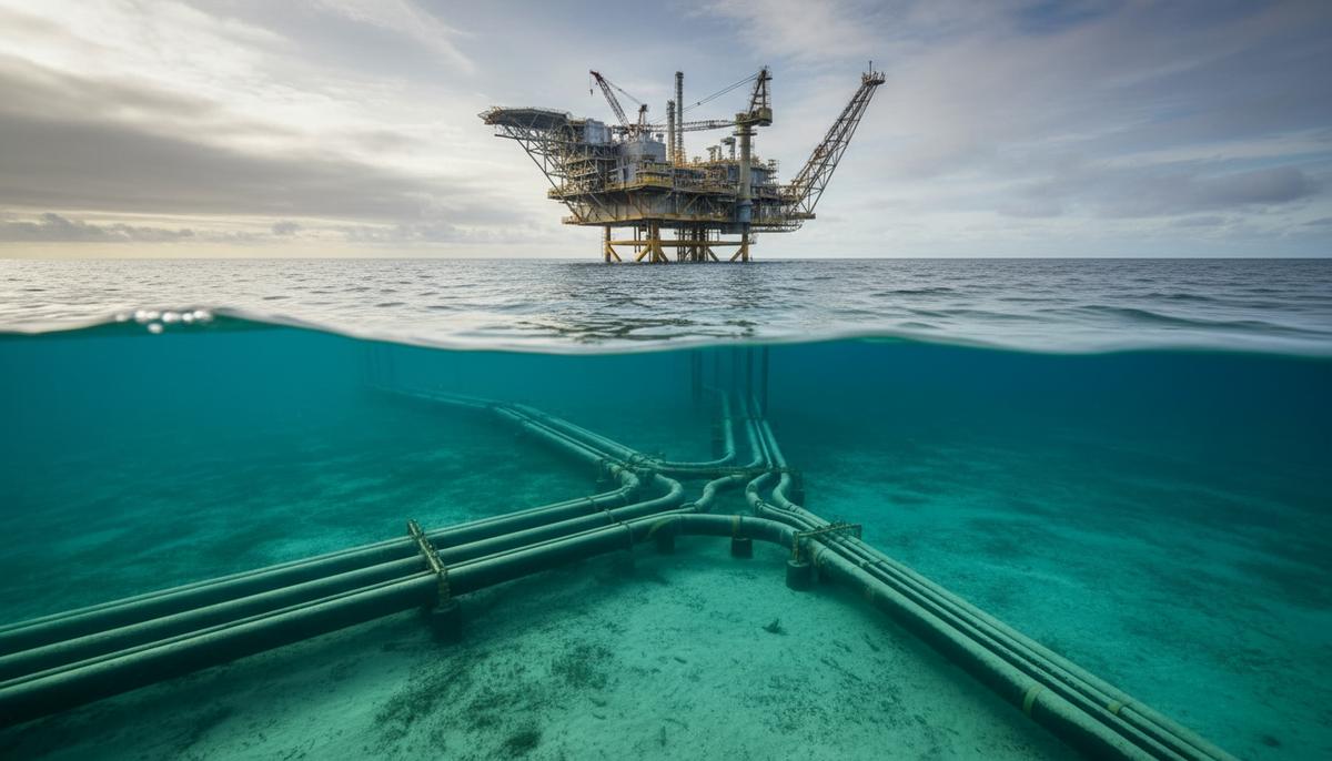 Великобритания выдала первую лицензию на хранение CO2 в Северном море Оффшорная платформа в Северном море и сеть трубопроводов для транспортировки углекислого газа на песчаном морском дне.