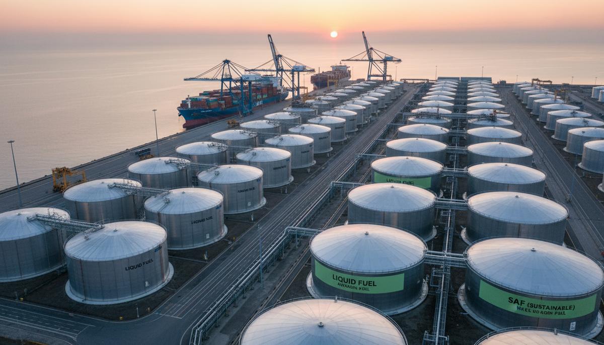 Промышленные резервуары для хранения топлива в современном морском порту Евле на побережье Балтийского моря на рассвете.