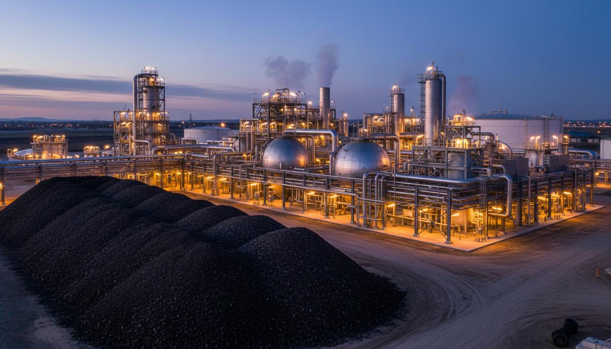 Промышленный комплекс по переработке шин: горы измельченной резины рядом с реакторами и трубопроводами завода.