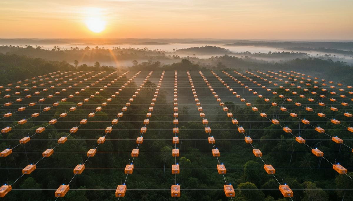 Сейсмические датчики (ноды) в большом количестве расставлены рядами на холмистой местности в джунглях Индонезии на рассвете.