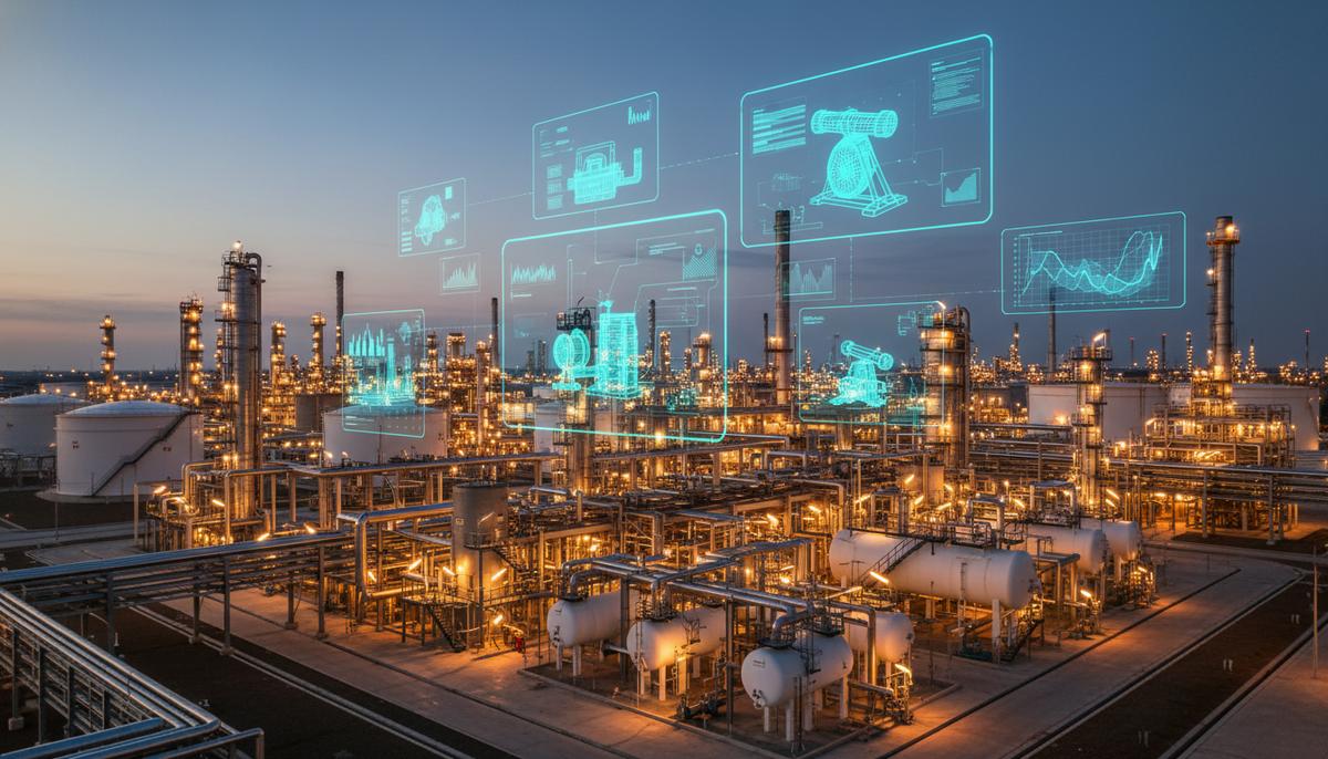 Yokogawa наращивает инвестиции в финского разработчика Semantum Современный нефтеперерабатывающий завод в сумерках с подсвеченными трубами и резервуарами, над которыми видны голографические схемы.