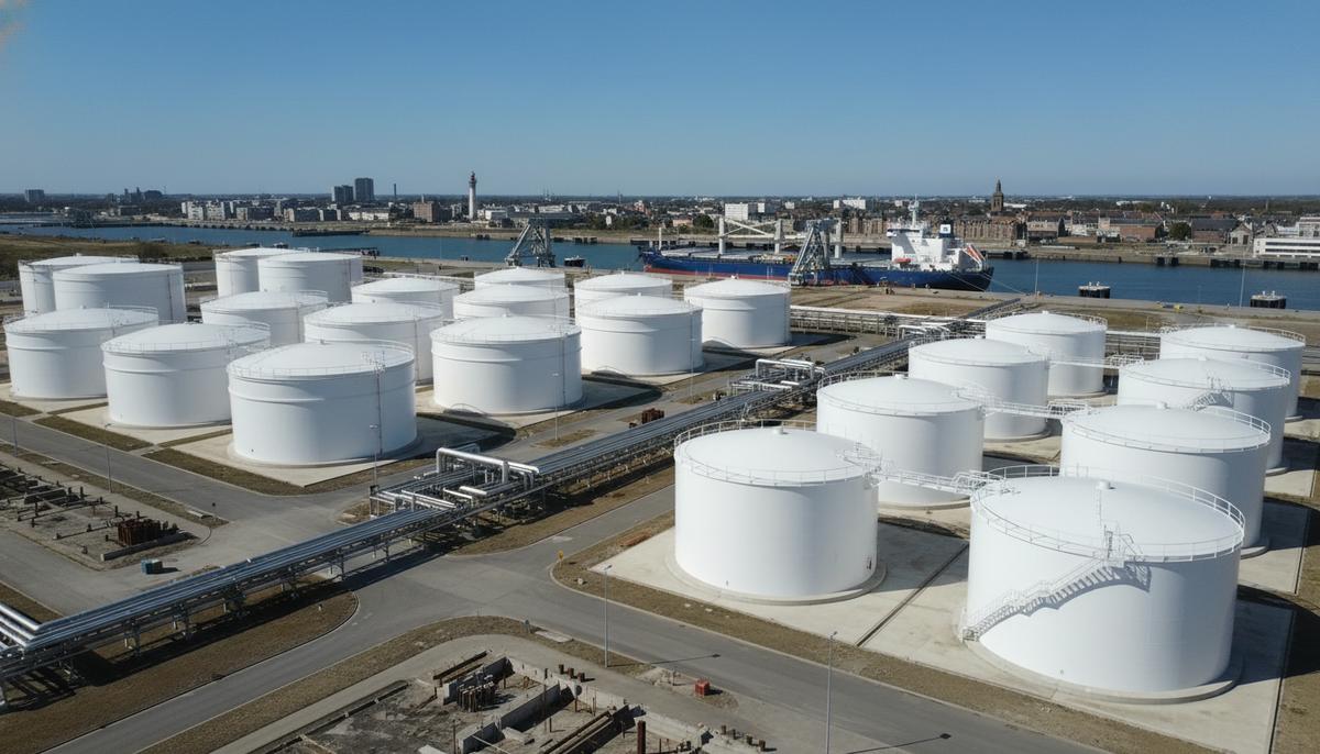 Новый терминал для хранения жидкостей с большими белыми резервуарами и трубопроводами в промышленной зоне морского порта.
