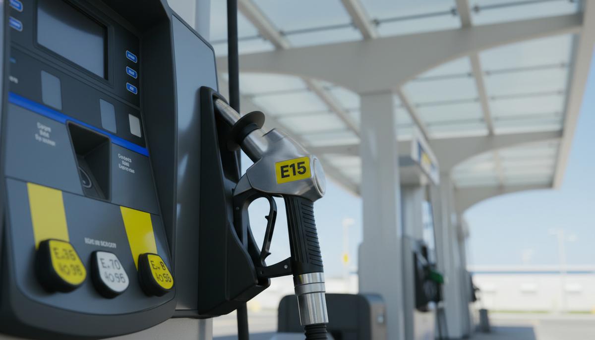 Топливораздаточный пистолет с маркировкой E15 на современной автозаправочной станции в США на размытом фоне.