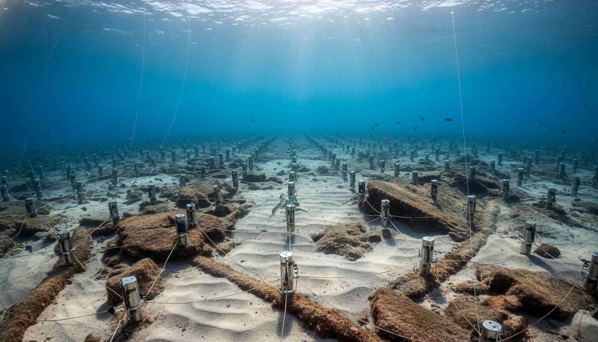 Донные сейсмические станции на дне Средиземного моря, соединенные кабелями. Оборудование для геологоразведки на шельфе.