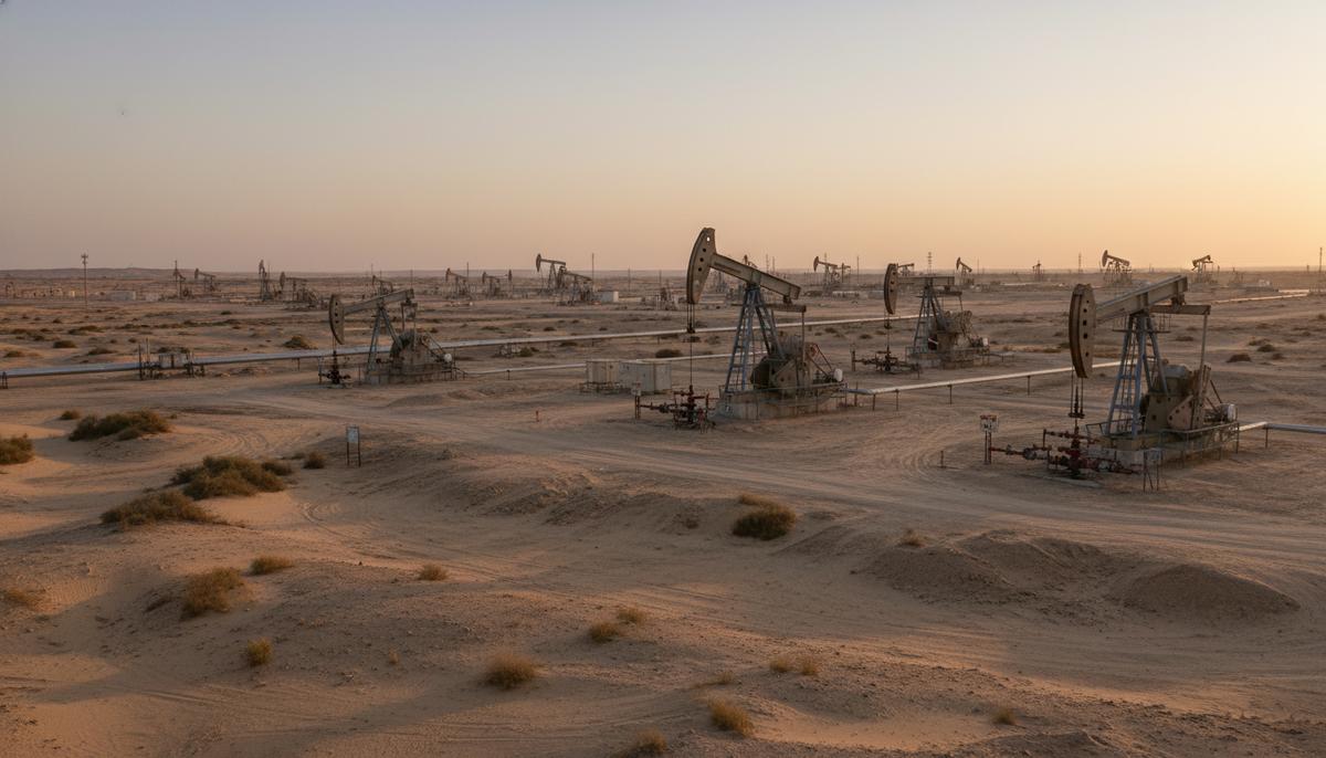 Нефтяное месторождение Омар в сирийской пустыне на рассвете. Нефтяные вышки и трубопроводы на фоне восходящего солнца.