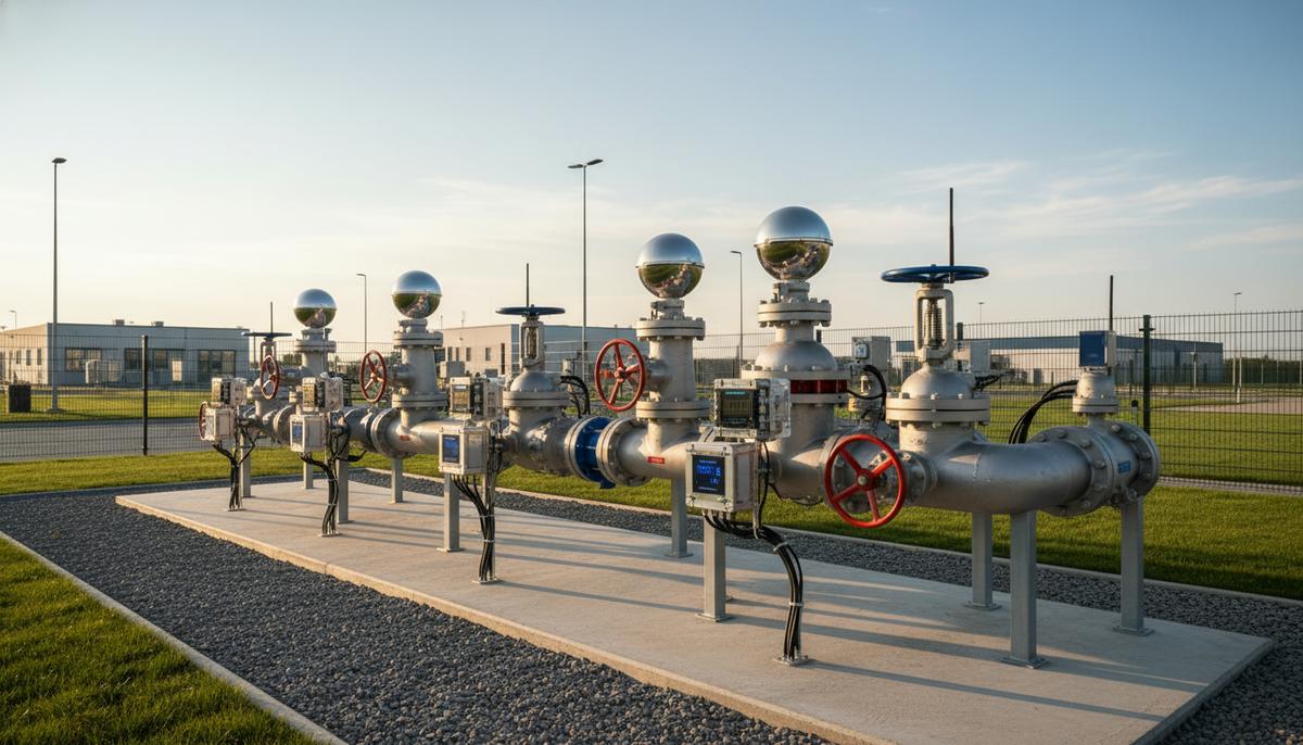 Участок современного газопровода с высокотехнологичными датчиками и блоками управления на промышленном объекте.