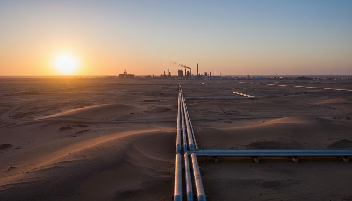 Нефтегазовый комплекс и трубопроводы в ливийской пустыне на рассвете. Промышленный пейзаж на фоне песчаных дюн.