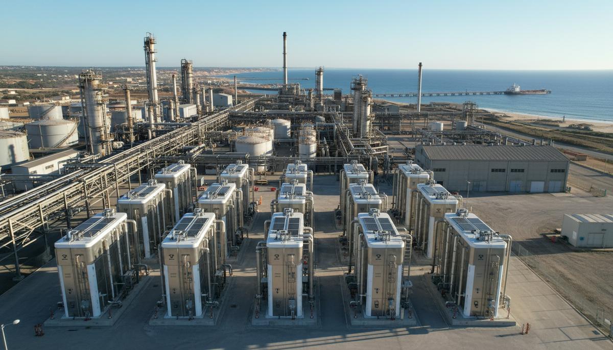 Современные электролизерные установки для производства водорода на территории нефтеперерабатывающего завода в Португалии.