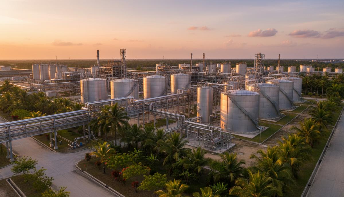 Современный завод по производству биотоплива в Малайзии с блестящими резервуарами для хранения и сложной сетью трубопроводов.