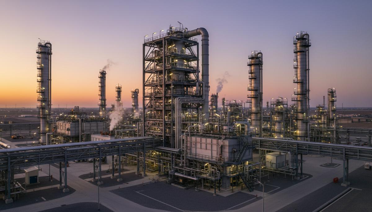 Установка каталитического крекинга на современном нефтеперерабатывающем заводе, состоящая из сложного переплетения труб и стальных конструкций.