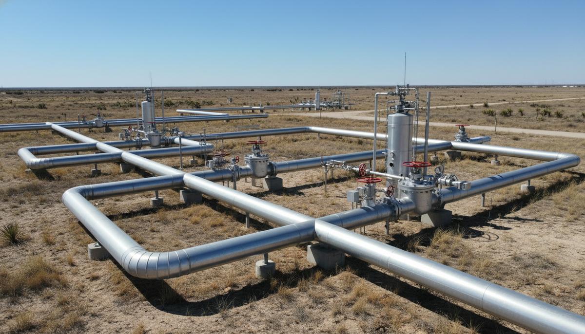 Сеть стальных газопроводов и запорной арматуры, проложенная по засушливой равнине Техаса под ясным небом.