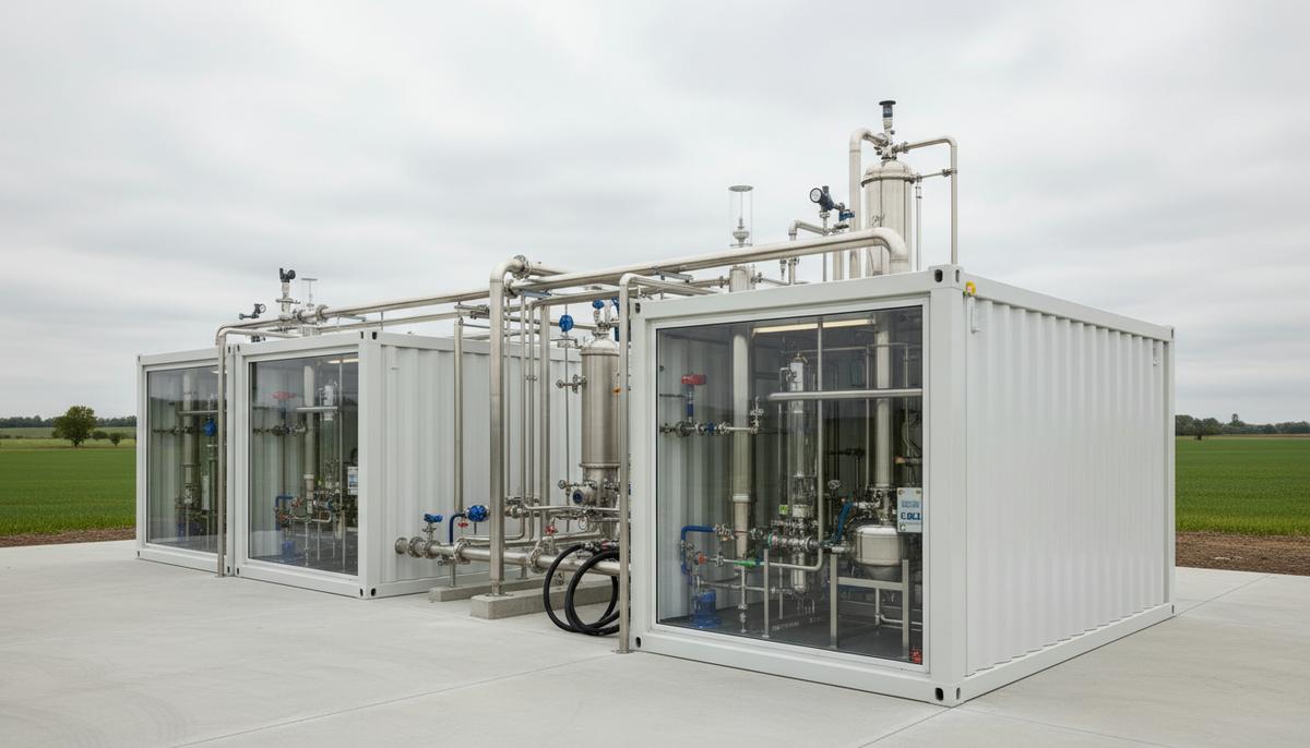 Модульная промышленная установка для производства биотоплива из нескольких соединенных блоков с трубами и оборудованием.