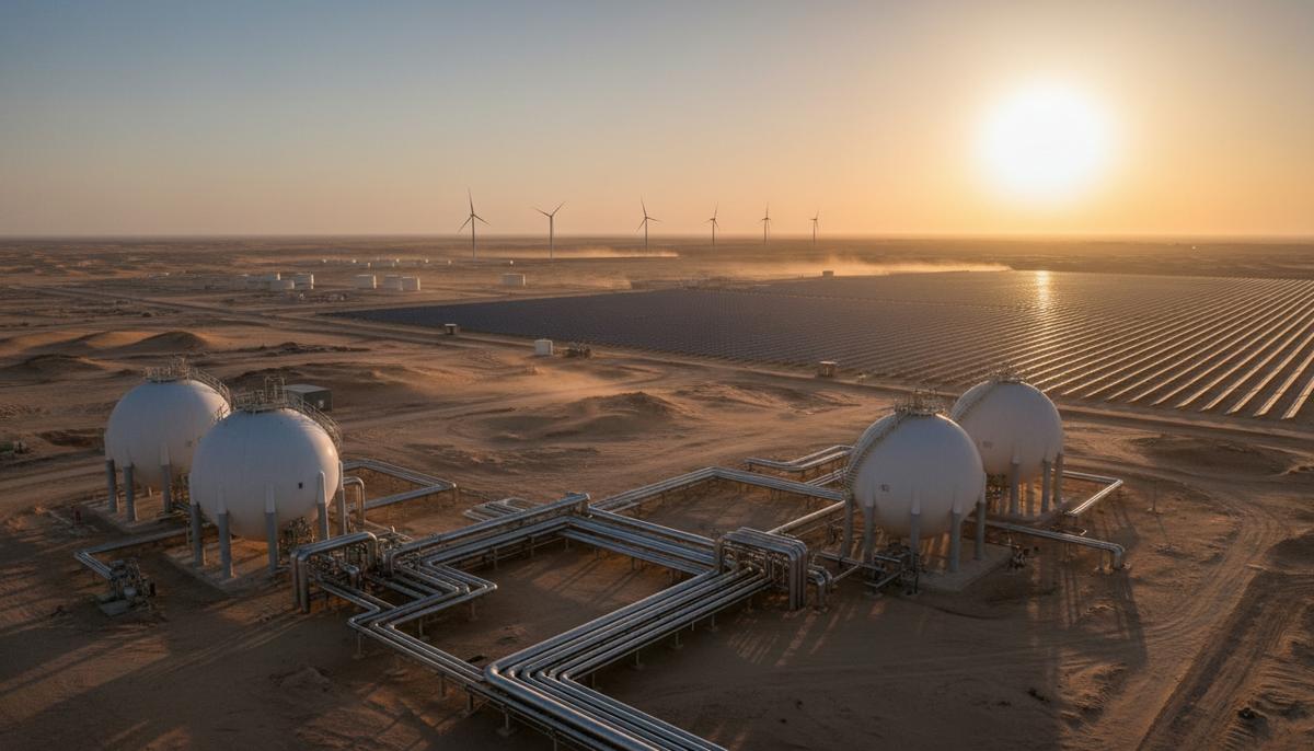 Промышленный комплекс по производству зеленого аммиака в пустыне. На переднем плане видны трубопроводы и резервуары для хранения.