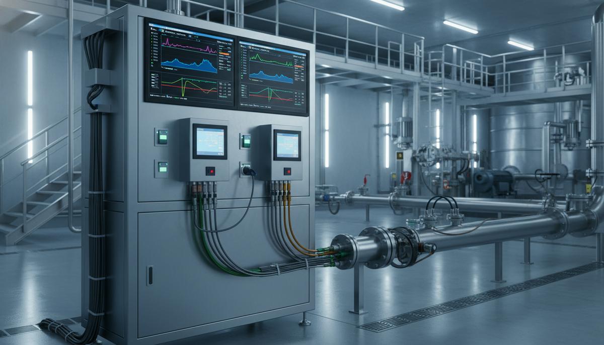 Современная установка для химического анализа с дисплеями, подключенная к стальному трубопроводу на нефтегазовом объекте.