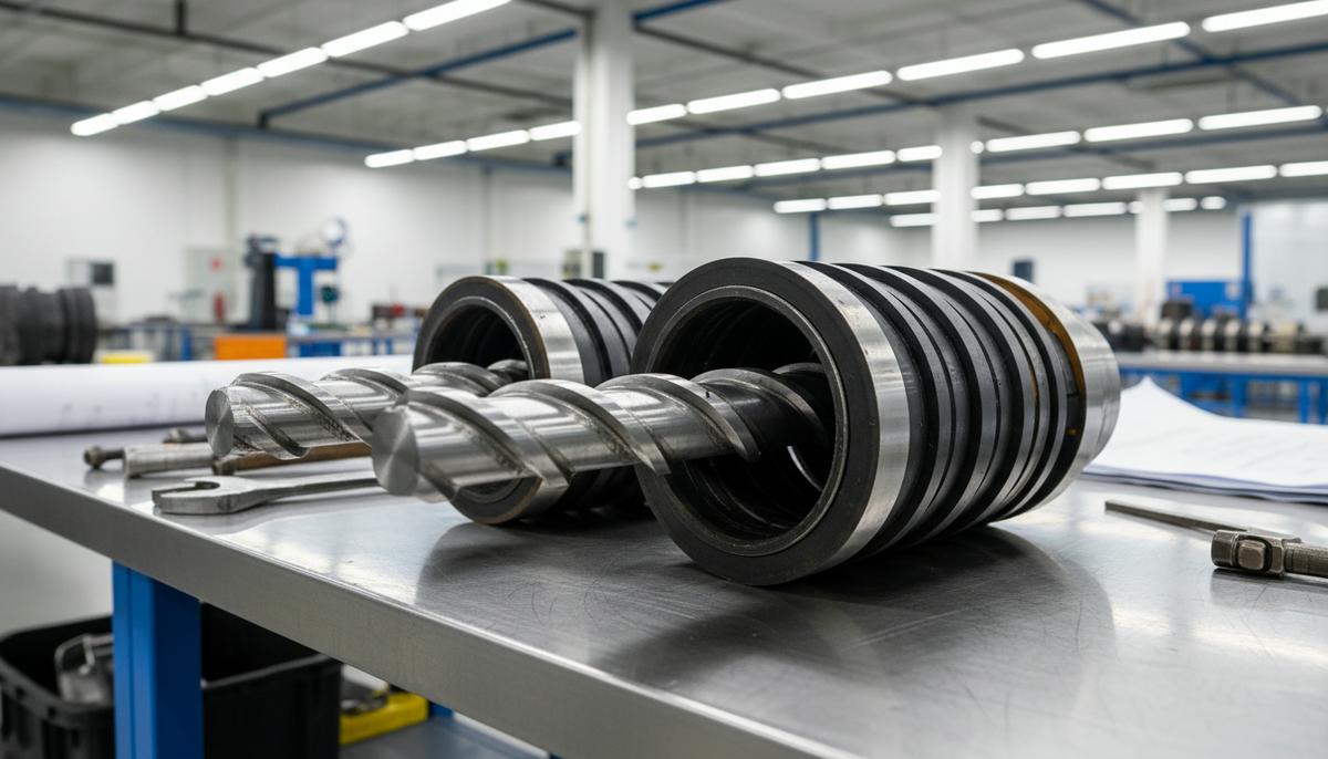 Детали бурового двигателя: ротор и статор на верстаке в производственном цехе нефтесервисной компании.