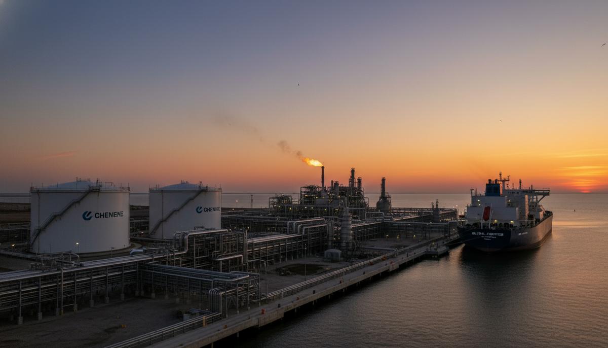 Крупный терминал по экспорту СПГ с криогенными резервуарами и пришвартованным газовозом на побережье на закате.