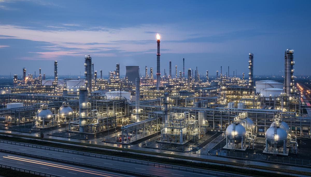 Современный нефтегазовый завод в сумерках. Сеть трубопроводов, перегонные колонны и резервуары с промышленным освещением.