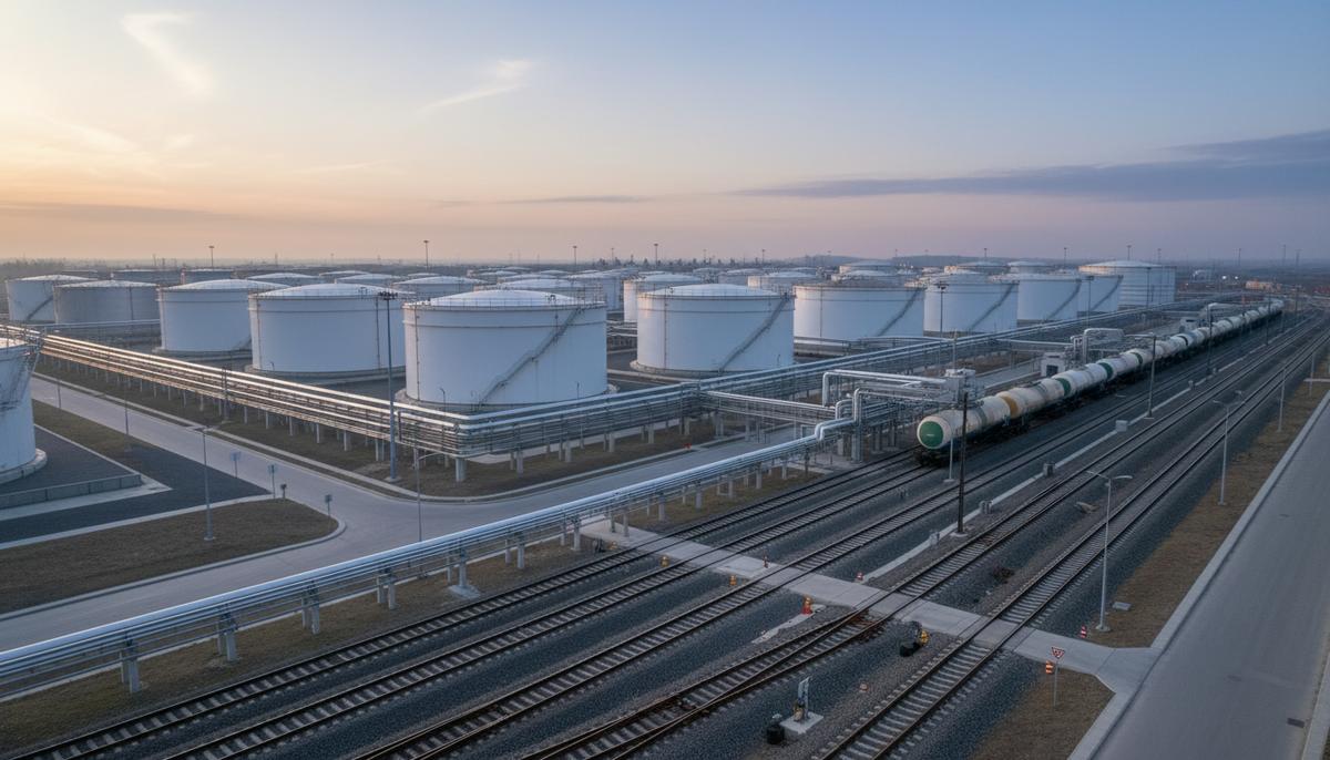Промышленные железнодорожные пути, ведущие к большим белым резервуарам для хранения топлива на нефтегазовом терминале в порту.