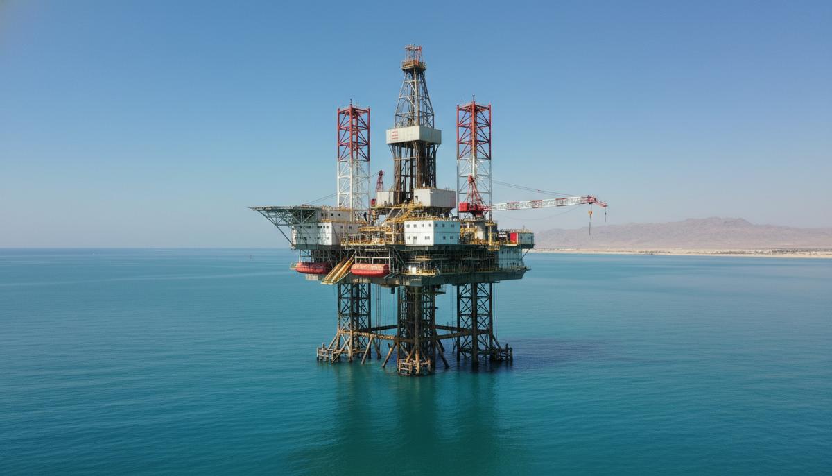 Самоподъемная морская буровая платформа для добычи нефти в спокойных водах Аравийского моря у берегов Омана.